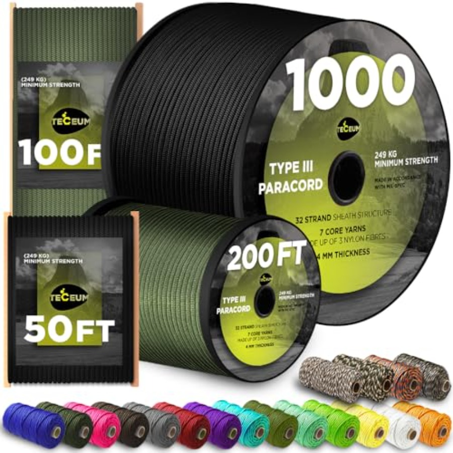 Para Cord 1000Ft - Cuerda de Paracord de 5/32'' 1000ft/200ft/100ft/50ft,